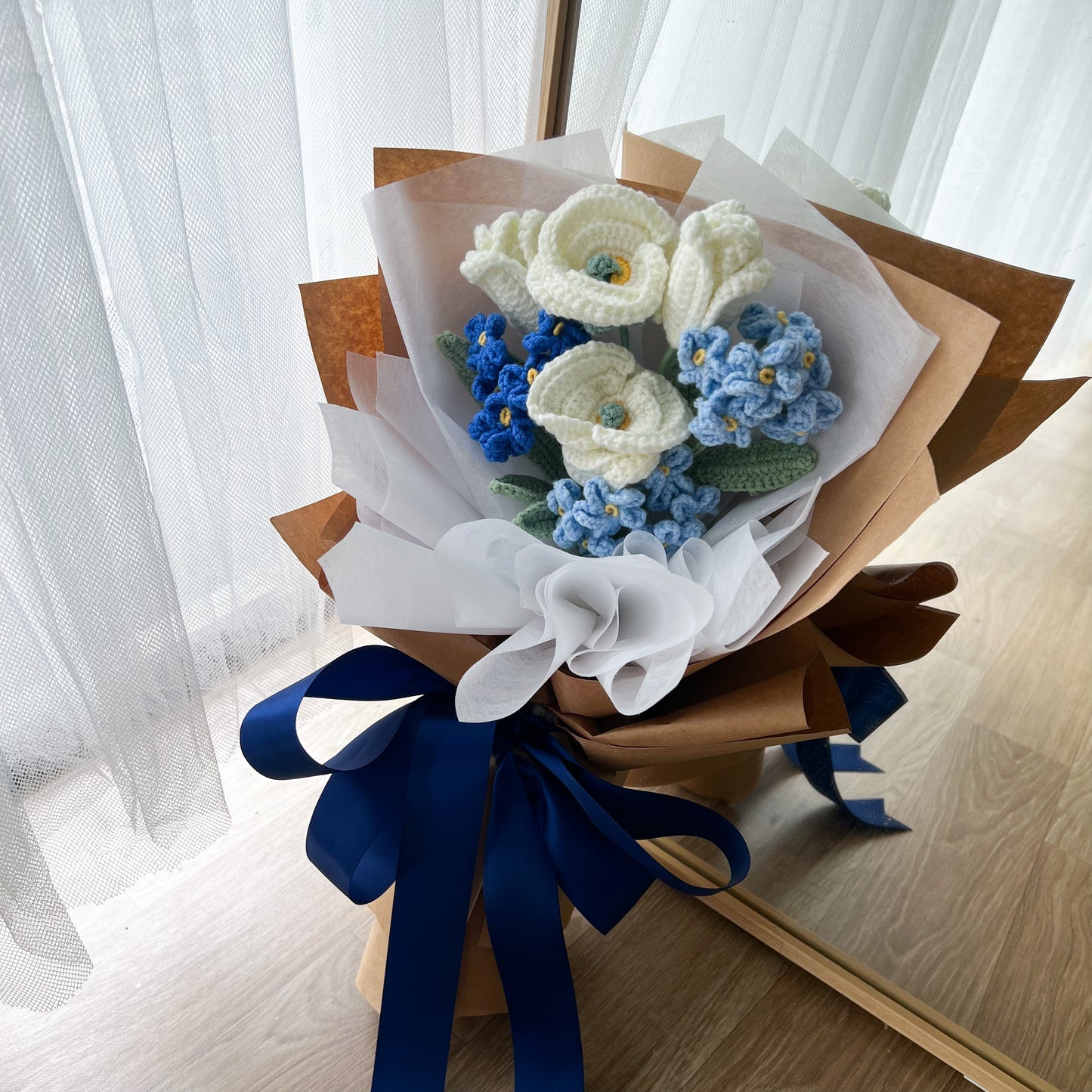 Bleu: Crochet tulips & forget-me-nots & calla lilies